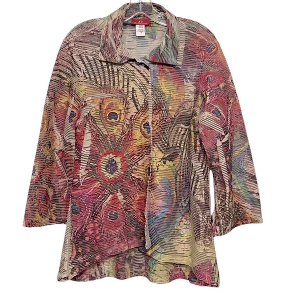 Vintage IC Collection Peacock feathers colorful sheer cardigan lightweight boho
